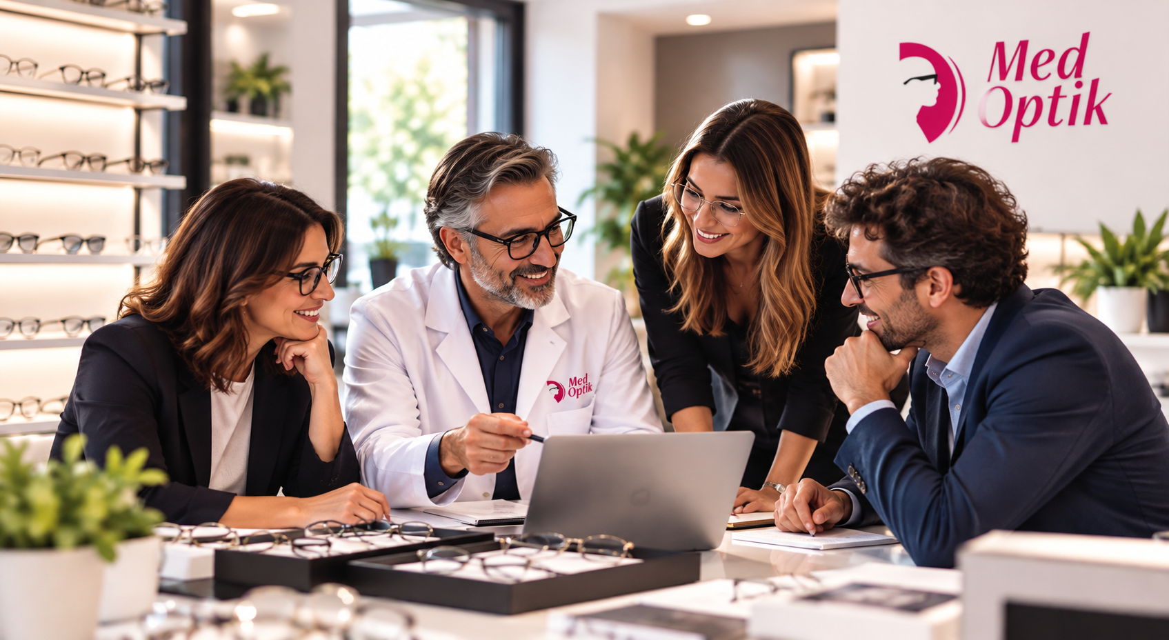 Quattro professionisti attorno a un computer, con logo MedOptik sulla parete e sul camice