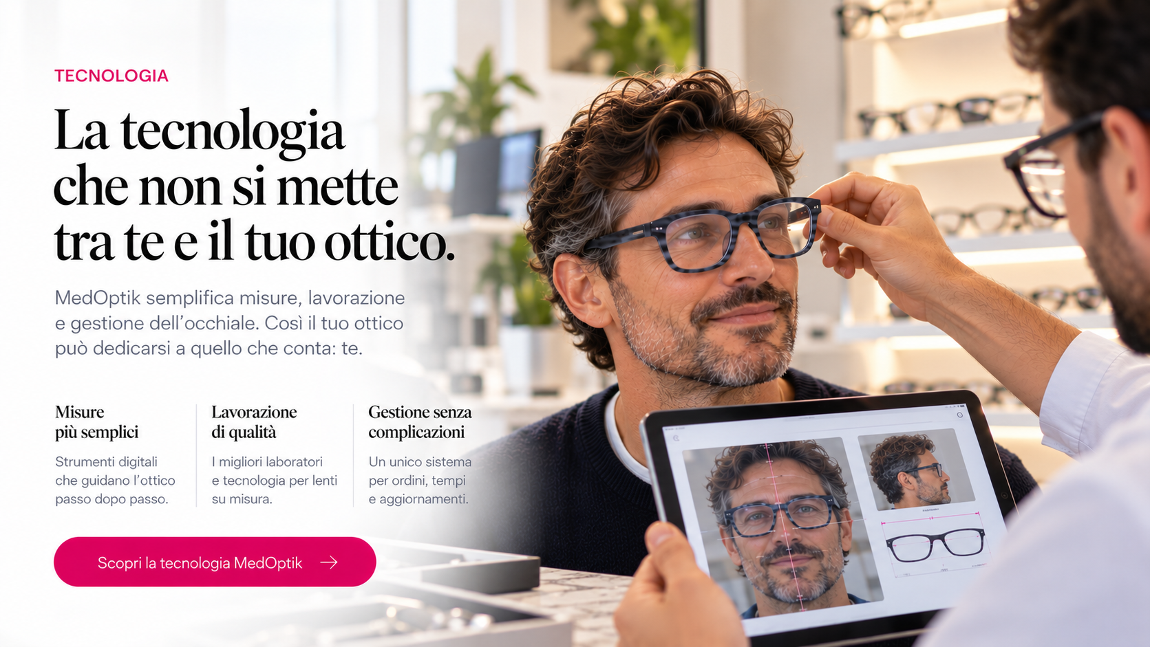 Un ottico regola la montatura del cliente durante la misurazione, con un tablet in primo piano