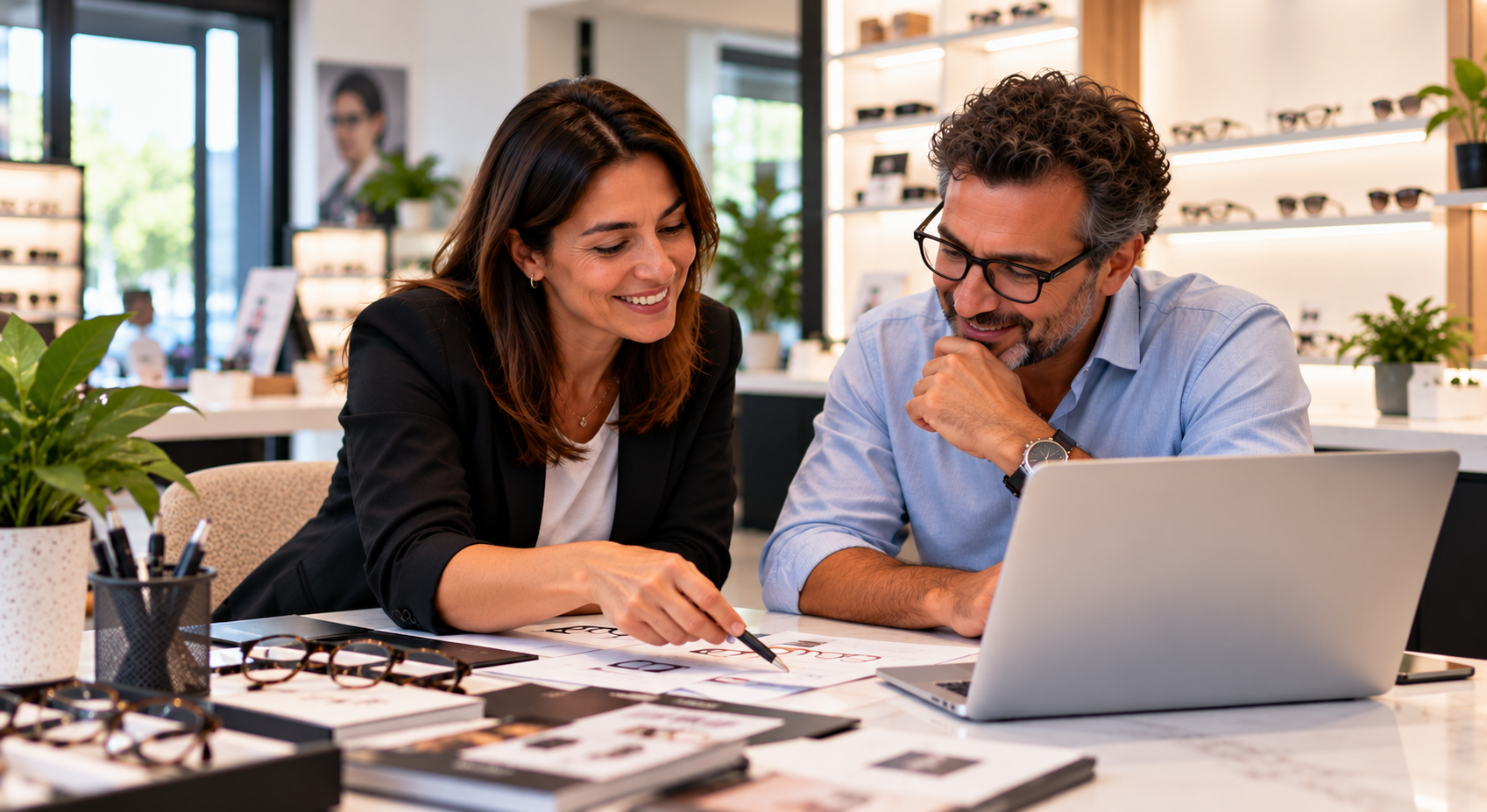 Due professionisti collaborano al tavolo in un negozio di ottica